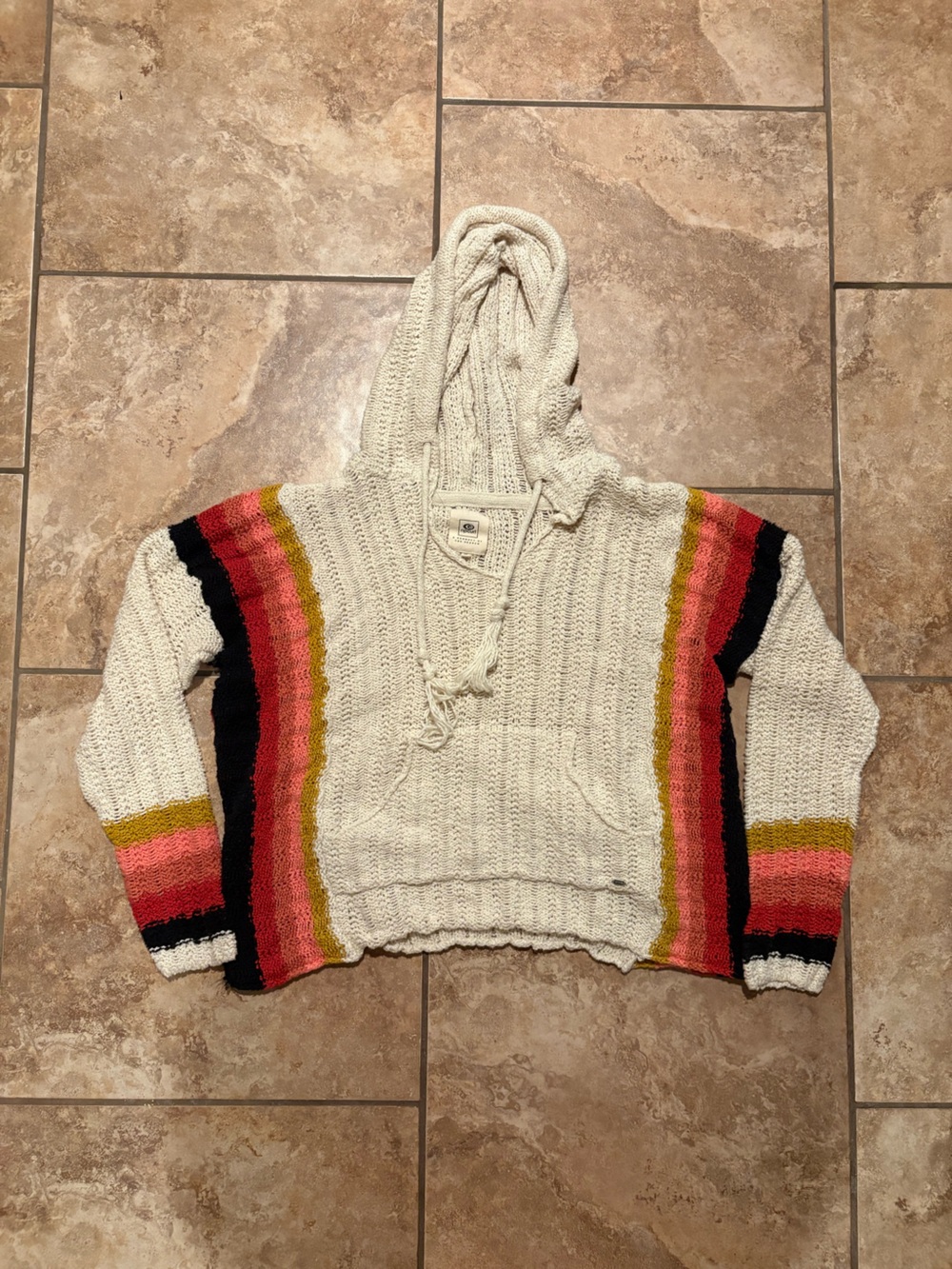 Rip Curl Cream Knit Hooded Sweater with Coral, Mustard & Black Stripes